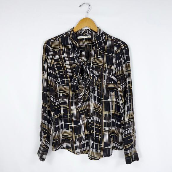Trina Turk Women's Dame Abstract Plaid 100% Silk Tie Blouse Size 2 Black - Picture 2 of 12